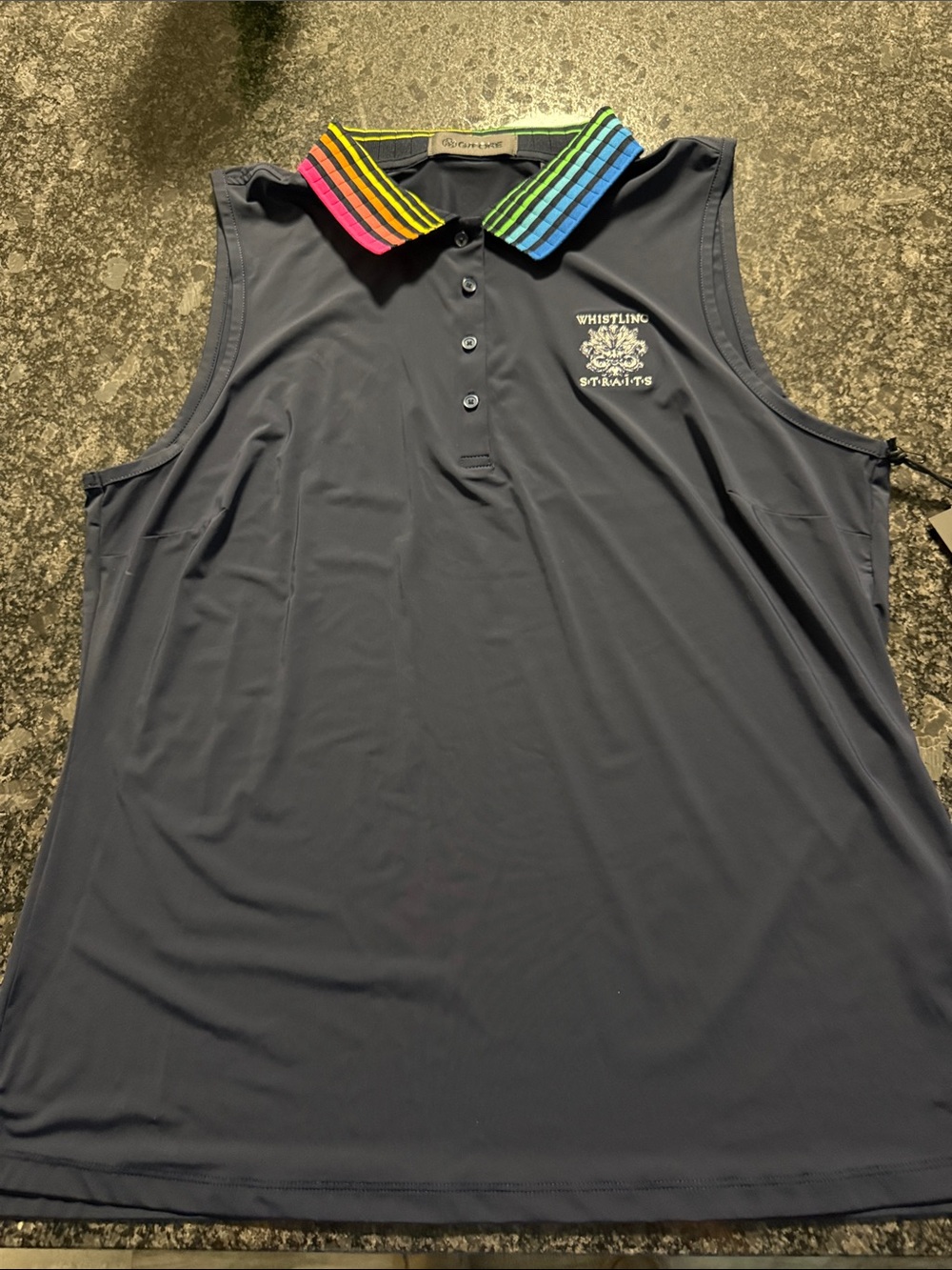 G/FORE Women's Navy Sleeveless Polo with Rainbow Stripe Collar